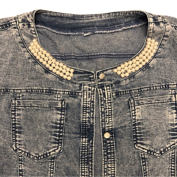 Slim Stitching Denim Top Blouse Long Sleeve Pearl Neckline & Lace Trim Size L - Picture 5 of 13